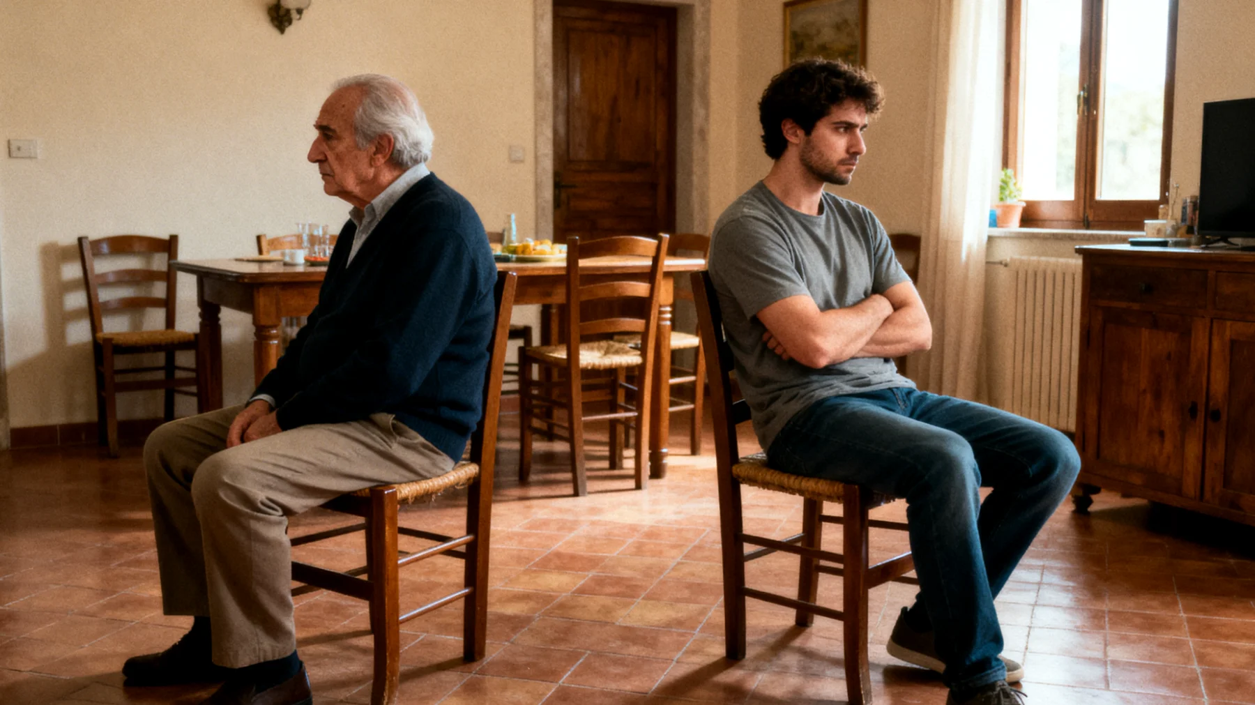 Padre che fatica a comprendere le scelte di vita e i valori del figlio giovane adulto, generando incomprensioni e distanza emotiva a causa di visioni del mondo troppo diverse tra generazioni"