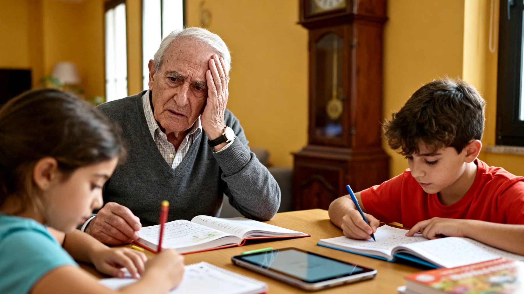 Il nonno si trova in difficoltà nel supportare i nipoti bambini con i compiti e lo studio, sentendosi inadeguato di fronte ai nuovi metodi didattici e preoccupato di non riuscire a motivarli adeguatamente nelle attività scolastiche"