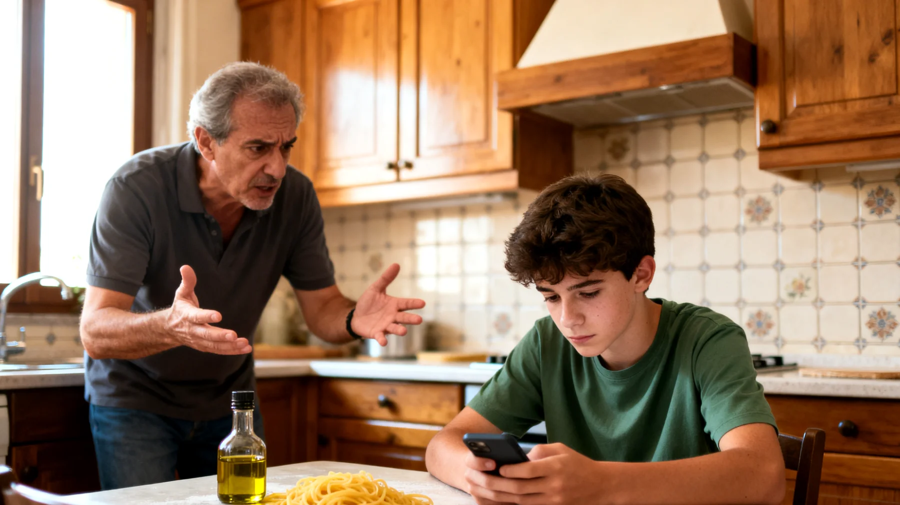 Papà che fatica a coinvolgere il figlio adolescente nelle attività quotidiane e domestiche, incontrando resistenza, disinteresse o continue scuse per sottrarsi alle responsabilità familiari"